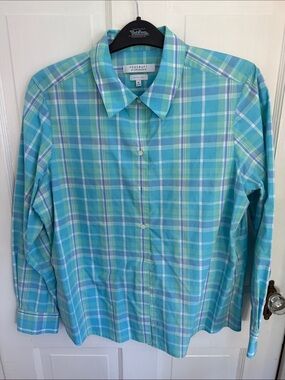 Fox Croft Women’s Plaid Button-Down Shirt in Aqua and Lime 16